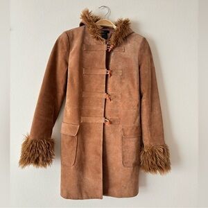 Vintage Frenchi Suede Leather Caramel Brown Faux Fur Trim Bohemian Toggle Coat M